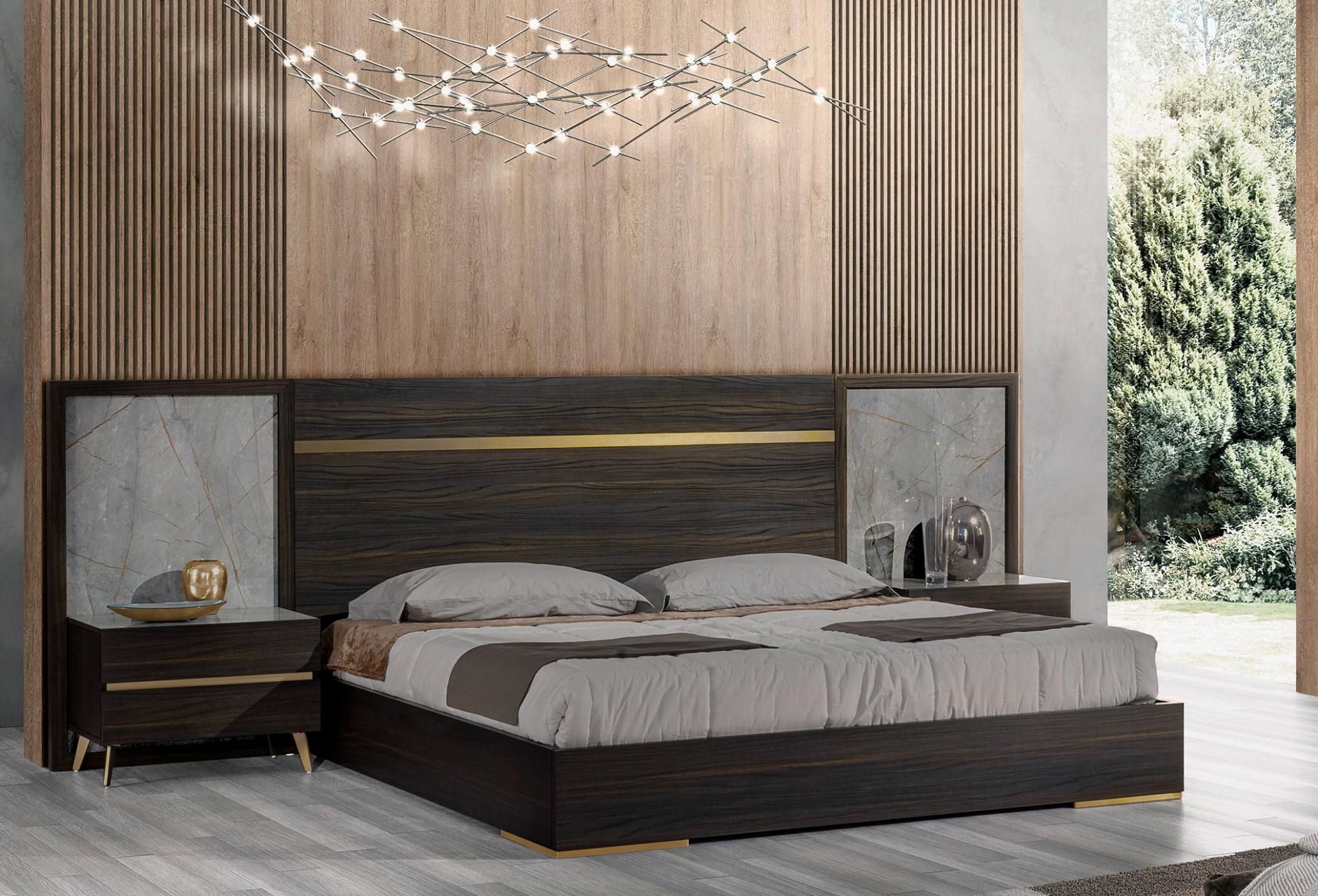 Velondra - Modern Eucalypto + Marble Bed with Two Nightstands