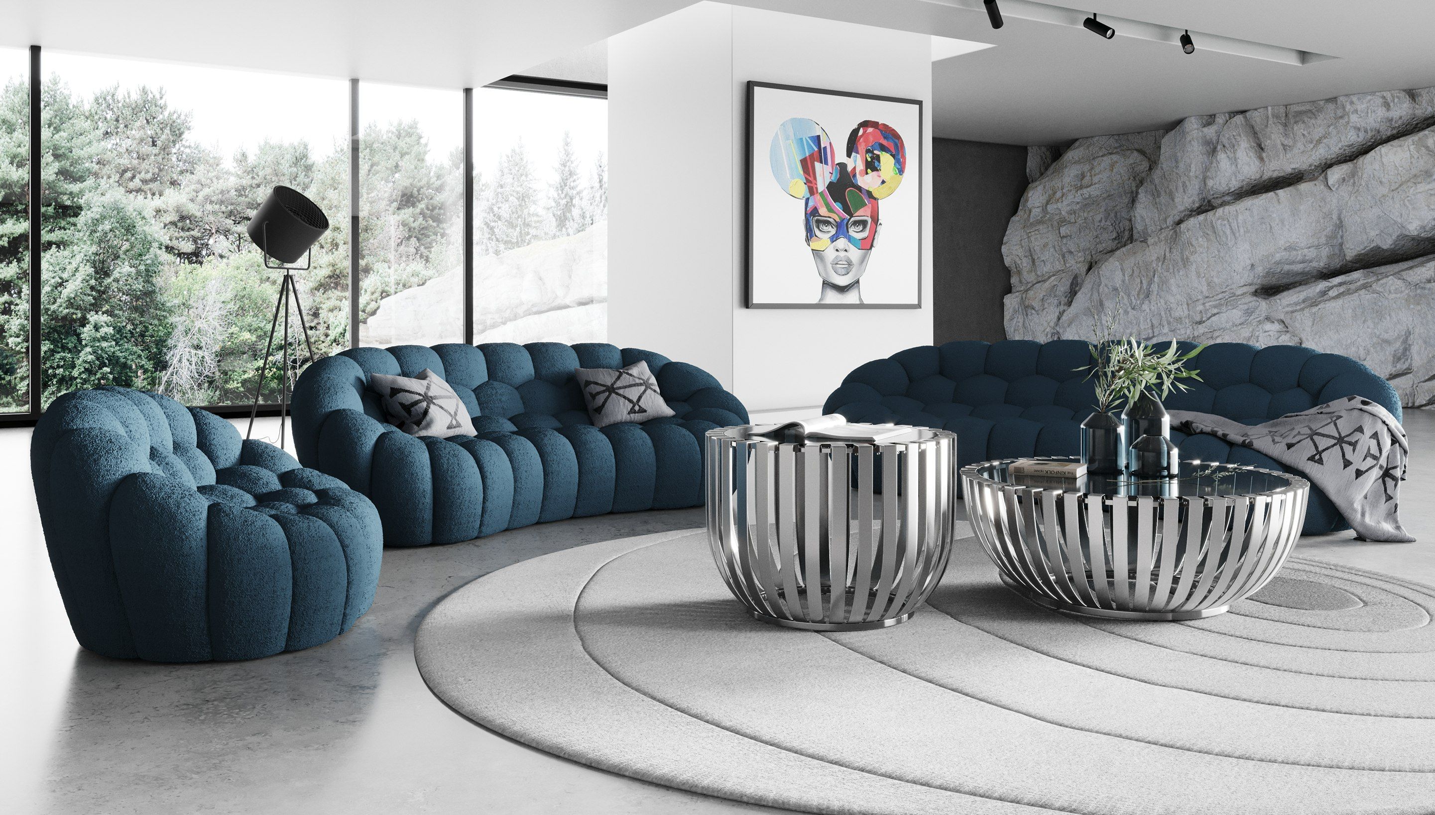Divani Casa Yolonda Modern Curved Dark Teal Fabric Sofa Set