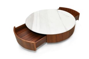 Nova Domus Hilton- Modern Walnut and White Marble Round Coffee Table