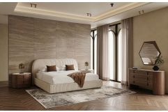 Hortman + Chelton - Modern Beige Velvet + Walnut 4-Piece Bedroom Set