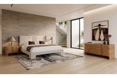 Newhart - Modern Beige Fabric + Natural Oak 4-Piece Bedroom Set