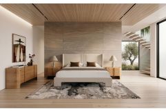 Newhart - Modern Beige Fabric + Natural Oak 4-Piece Bedroom Set