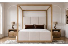 Sergio - Modern Beige Fabric + Natural Oak Canopy Bed