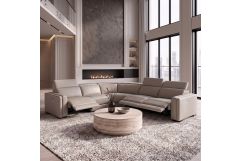 Frazier - Modern Light Grey Leather Sectional Sofa with 3 Recliners