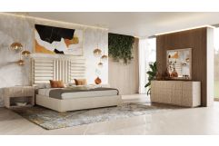 Daystar + Roma - Modern Beige Velvet + Travertine + Gold Bedroom Set
