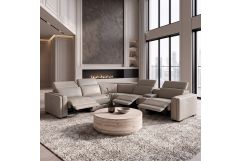 Frazier - Modern Light Grey Leather Sectional Sofa with 3 Recliners + Console
