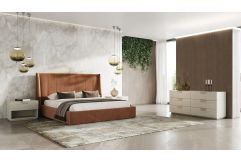 Roma + Lago - Modern Burnt Orange Velvet + Faux Travertine 4-Piece Bedroom Set