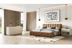 Harris + Roma - Modern Brown Fabric + Faux Travertine 4-Piece Bedroom Set