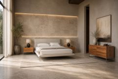Bergeron + Lorenzo - Contemporary Cream Fabric + Light Oak 4-Piece Bedroom Set