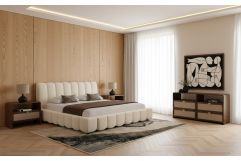 Harris + Emilio - Modern Off-White Fabric + Burlap + Walnut 4-Piece Bedroom Set