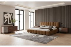 Harris + Palermo - Modern Brown Fabric + Faux Concrete & Walnut 4-Piece Bedroom Set