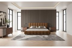 Harris + Palermo - Modern Brown Fabric + Faux Concrete & Walnut 4-Piece Bedroom Set