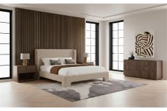 Emilio + Roma - Modern Beige Fabric + Walnut 4-Piece Bedroom Set