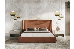 Roma + Lago - Modern Burnt Orange Velvet + Faux Travertine Bed + Nightstands Set
