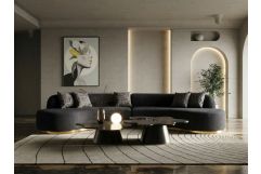Frontier - Glam Black Fabric Curved Sectional Sofa with Grey Pillows