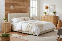 Harris + Jacobson - Modern Off-White Fabric + Natural Oak 4-Piece Bedroom Set