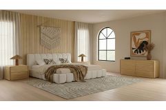 Harris + Dustin - Modern Off-White Fabric + Natural Oak 4-Piece Bedroom Set