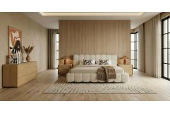 Harris + Dustin - Modern Off-White Fabric + Natural Oak 4-Piece Bedroom Set