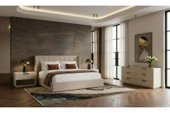 Kiro + Lago - Modern Tan Fabric + Faux Travertine 4-Piece Bedroom Set