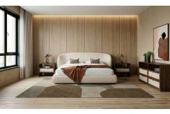 Lambert + Emilio - Modern Beige Fabric + Walnut + Burlap 4-Piece Bedroom Set