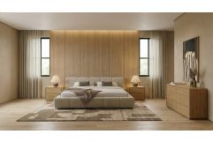 Lamont + Dustin - Modern Beige Fabric + Natural Oak 4-Piece Bedroom Set