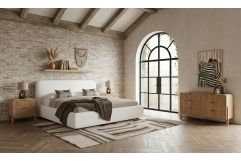 Liam + Mikala - Modern Ivory Fabric + Natural Oak 4-Piece Bedroom Set