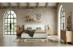 Liam + Mikala - Modern Ivory Fabric + Natural Oak 4-Piece Bedroom Set