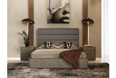 Lois - Modern Grey Leather & Beige Shagreen High Headboard Bed