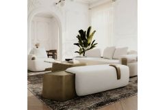 Rainier - Contemporary Off-White Fabric + Antique Brass Bench w/ Tray Table