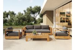 Santorini - Outdoor Grey Olefin Fabric + Natural Teak Sofa Set