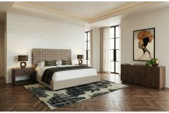Rousey + Roma - Modern Taupe Fabric + Walnut 4-Piece Bedroom Set