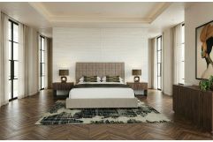 Rousey + Roma - Modern Taupe Fabric + Walnut 4-Piece Bedroom Set
