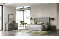 Byrne + Asus - Modern Grey Fabric + Elm Grey Bed & 2 Nightstands