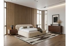 Yolonda + Soria - Modern Beige Fabric + Walnut 4-Piece Bedroom Set