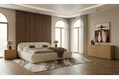 Yolonda + Dustin - Modern Off-White Fabric + Natural Oak 4-Piece Bedroom Set