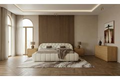 Yolonda + Dustin - Modern Off-White Fabric + Natural Oak 4-Piece Bedroom Set